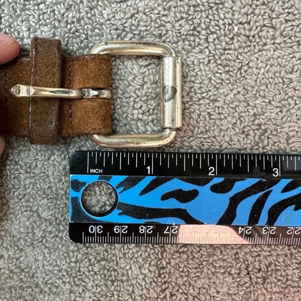 Mens Brown Suede Leather Belt Silver Roller Buckle Casual Rugged 46 Inch
